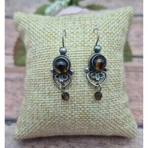 Vintage Ornate Dangle Earrings With Amber-Colored Glass Beads & Filigree Design